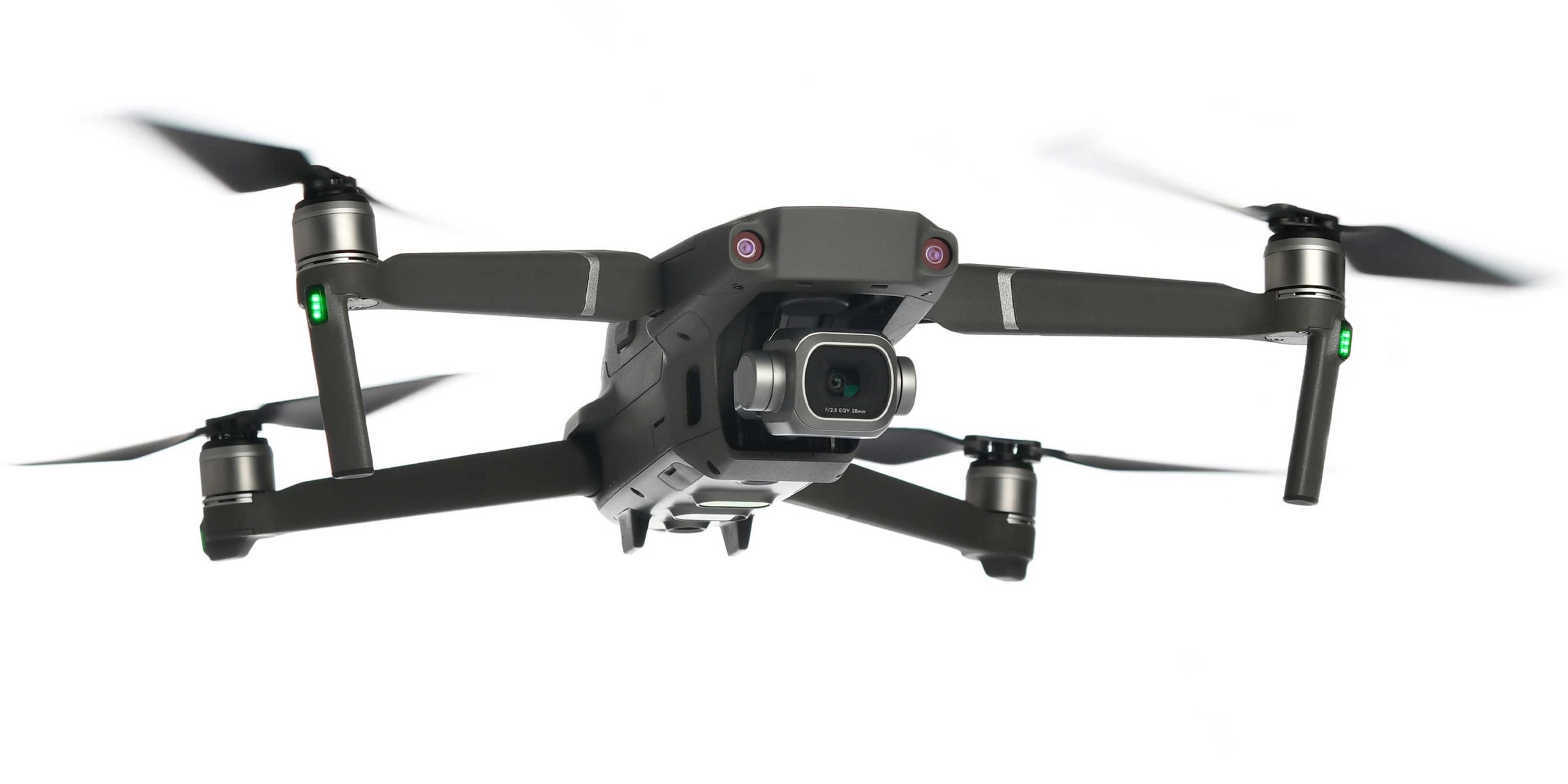 Black drone with camera on white background